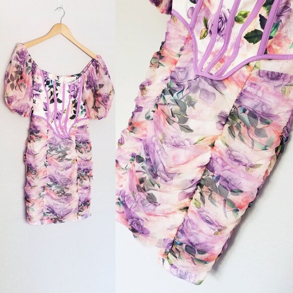Donnee Par Dieu Corset Floral Ruched Mesh Puff Sleeve Bodycon Mini Dress Fairy M - Picture 14 of 16